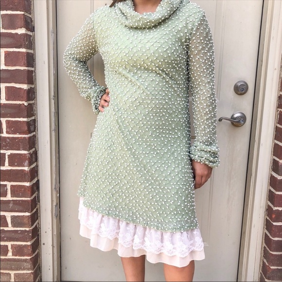 Altar'd State Dresses & Skirts - Altar’d State Lace Trim Polka Dot Sweater Dress